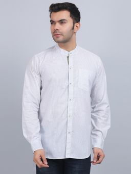 Spring Soul - White Cotton Printed Band Collar Full Sleeves Shirt