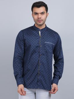 Spring Soul - Navy Blue Cotton Printed Band Collar Full Sleeves Shirt