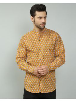 Spring Soul - Cotton Printed Full Sleeves Band Collar Shirt Mustard