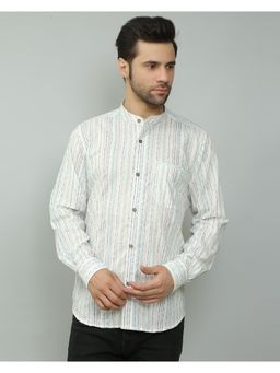 Spring Soul - Cotton Printed Full Sleeves Band Collar Shirt White