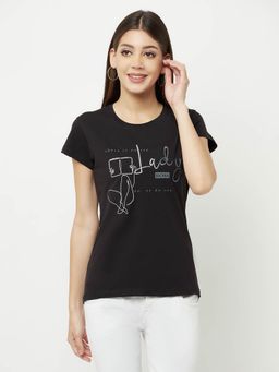 CRIMSOUNE CLUB - Women Black Printed Round Neck T-Shirt