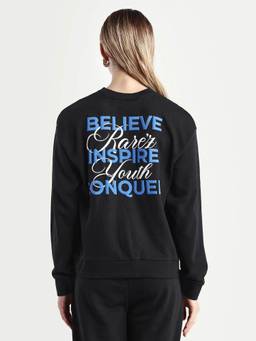 RAREISM - Women's Kuyum Black Cotton Blend Crew Neck Typography Print Regular Fit Sweatshirt