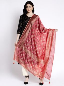 Clora Creation - Red Printed Silk Blend Dupatta with Gota Pati Border