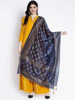 Clora Creation - Navy Blue Printed Silk Blend Dupatta with Gota Pati Border
