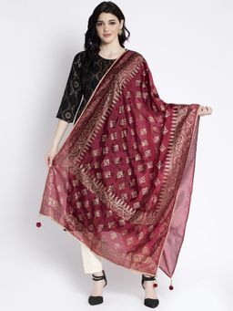 Clora Creation - Maroon Printed Silk Blend Dupatta with Gota Pati Border