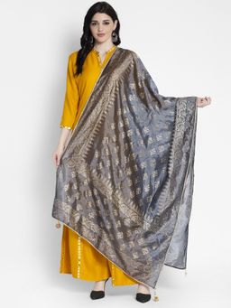 Clora Creation - Grey Printed Silk Blend Dupatta with Gota Pati Border