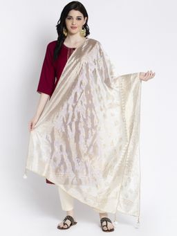 Clora Creation - Cream Printed Silk Blend Dupatta with Gota Pati Border
