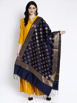 Clora Creation - Navy Blue Banarasi with Gold Zari Weaving Dupatta