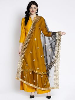 Clora Creation - Black Embellished Net Dupatta with Cut Work Golden Sequence Border