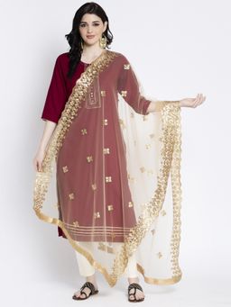 Clora Creation - Fawn Beige Embellished Net Dupatta with Cut Work Golden Sequence Border