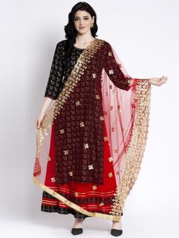 Clora Creation - Red Embellished Net Dupatta with Cut Work Golden Sequence Border