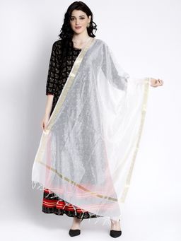 Clora Creation - White with Golden Zari Work Chanderi Dupatta