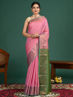 Hella Fashions - Pink South Art Silk Saree with Unstitched Blouse