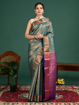 Hella Fashions - Turquoise Soth Art Silk Saree with Unstitched Blouse
