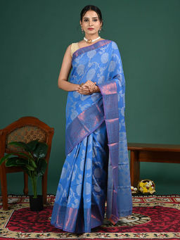 Hella Fashions - Blue Kota Semi Cotton Saree with Unstitched Blouse