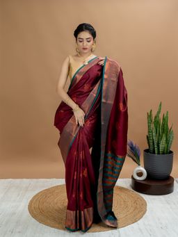 Hella Fashions - Maroon South Silk Saree with Unstitched Blouse