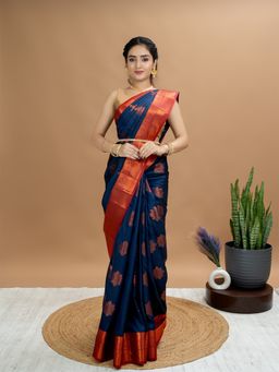 Hella Fashions - Navy Blue South Silk Saree with Unstitched Blouse
