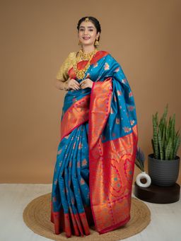 Hella Fashions - Turquoise Floral Saree with Unstitched Blouse