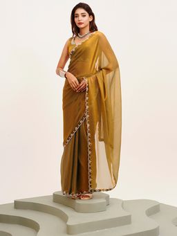 Modeva - Beads and Stones Silk Gold Saree with Unstitched Blouse