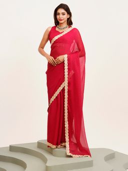 Modeva - Embellished Sequinned Chiffon Pink Saree with Unstitched Blouse