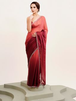 Modeva - Beads and Stones Satin Maroon Saree with Unstitched Blouse