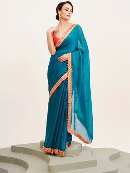 Modeva - Sequinned Chiffon Blue Saree with Unstitched Blouse