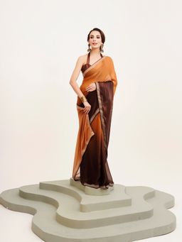 Modeva - Beads and Stones Satin Mustard Saree with Unstitched Blouse