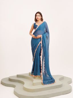 Modeva - Embellished Sequinned Chiffon Teal Saree with Unstitched Blouse