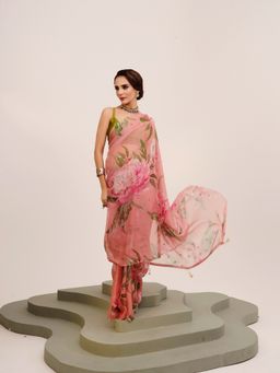 Modeva - Embellished Floral Organza Pink Saree with Unstitched Blouse