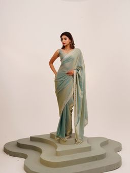 Modeva - Embellished Beads and Stones Silk Teal Saree with Unstitched Blouse