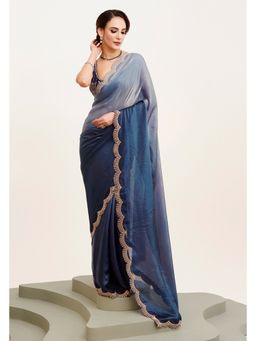 Modeva - Embellished Beads and Stones Satin Navy Blue Saree with Unstitched Blouse