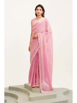 Modeva - Embellished Beads and Stones Satin Pink Saree with Unstitched Blouse