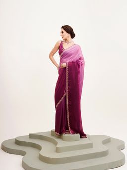 Modeva - Embellished Beads and Stones Satin Purple Saree with Unstitched Blouse