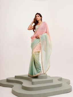 Modeva - Embellished Sequinned Tissue Green Saree with Unstitched Blouse