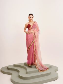 Modeva - Embellished Sequinned Organza Pink Saree with Unstitched Blouse