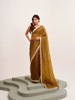 Modeva - Mirrorwork Embellished Tissue Olive Saree with Unstitched Blouse