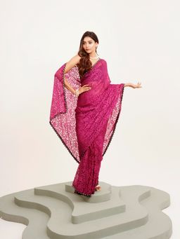 Modeva - Embellished Beads and Stones Brasso Pink Saree with Unstitched Blouse