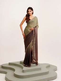 Modeva - Embellished Beads and Stones Satin Olive Saree with Unstitched Blouse