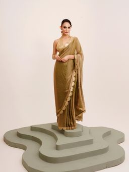 Modeva - Embellished Sequinned Tissue Olive Saree with Unstitched Blouse