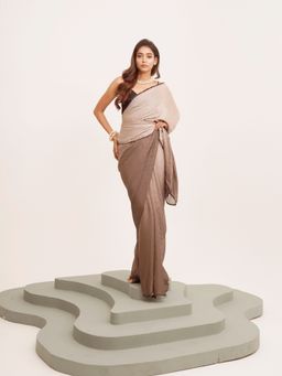 Modeva - Embellished Sequinned Brasso Beige Saree with Unstitched Blouse