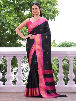 Modeva - Paithani Silk Blend Black Zari Saree with Unstitched Blouse