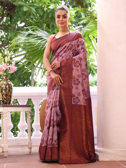 Modeva - Kanjeevaram Silk Blend Woven Design Purple Zari Saree with Unstitched Blouse
