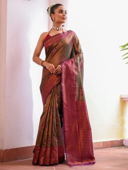 Modeva - Kanjeevaram Silk Blend Woven Design Green Zari Saree with Unstitched Blouse
