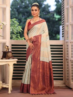 Modeva - Banarsi Silk Blend Woven Design Beige Zari Saree with Unstitched Blouse