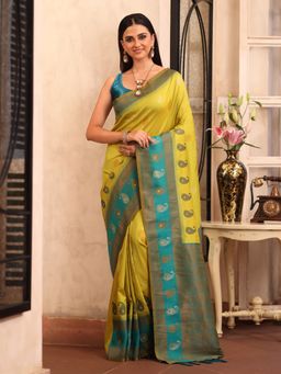 Modeva - Kanjeevaram Silk Blend Woven Design Green Zari Saree with Unstitched Blouse