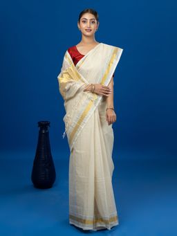 Ushvii - Nanu Kattam White Venkatagiri Saree with Unstitched Blouse