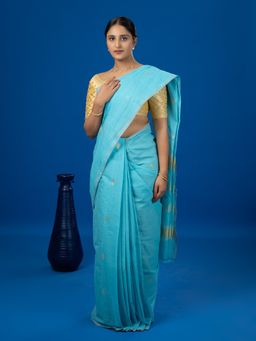 Ushvii - Jharna Sky Blue Venkatagiri Saree with Unstitched Blouse