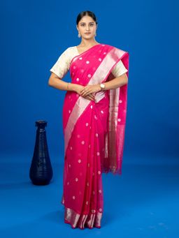 Ushvii - Polka Pink Venkatagiri Saree with Unstitched Blouse