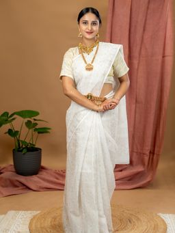 Ushvii - Malar White Hand Block Print Saree with Unstitched Blouse