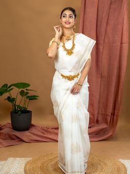 Ushvii - Malar White Hand Block Print Saree with Unstitched Blouse